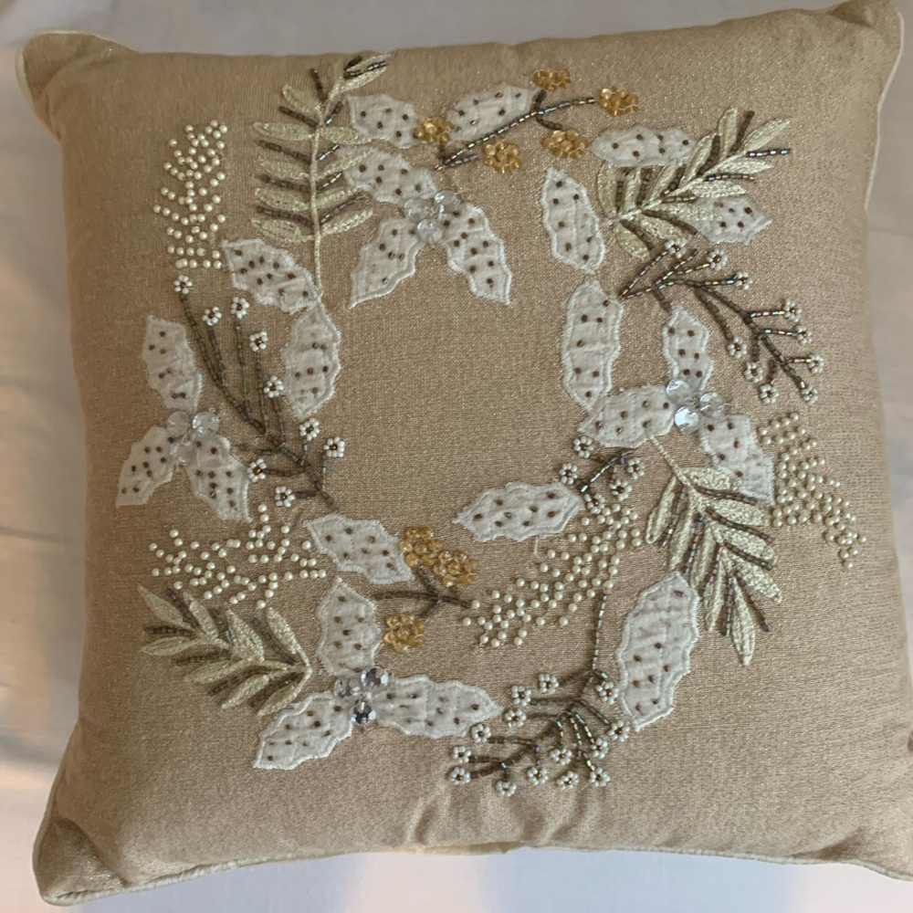 Wreath Embroidered and Beaded Natural Cushion Decorative Pillow. 16x16